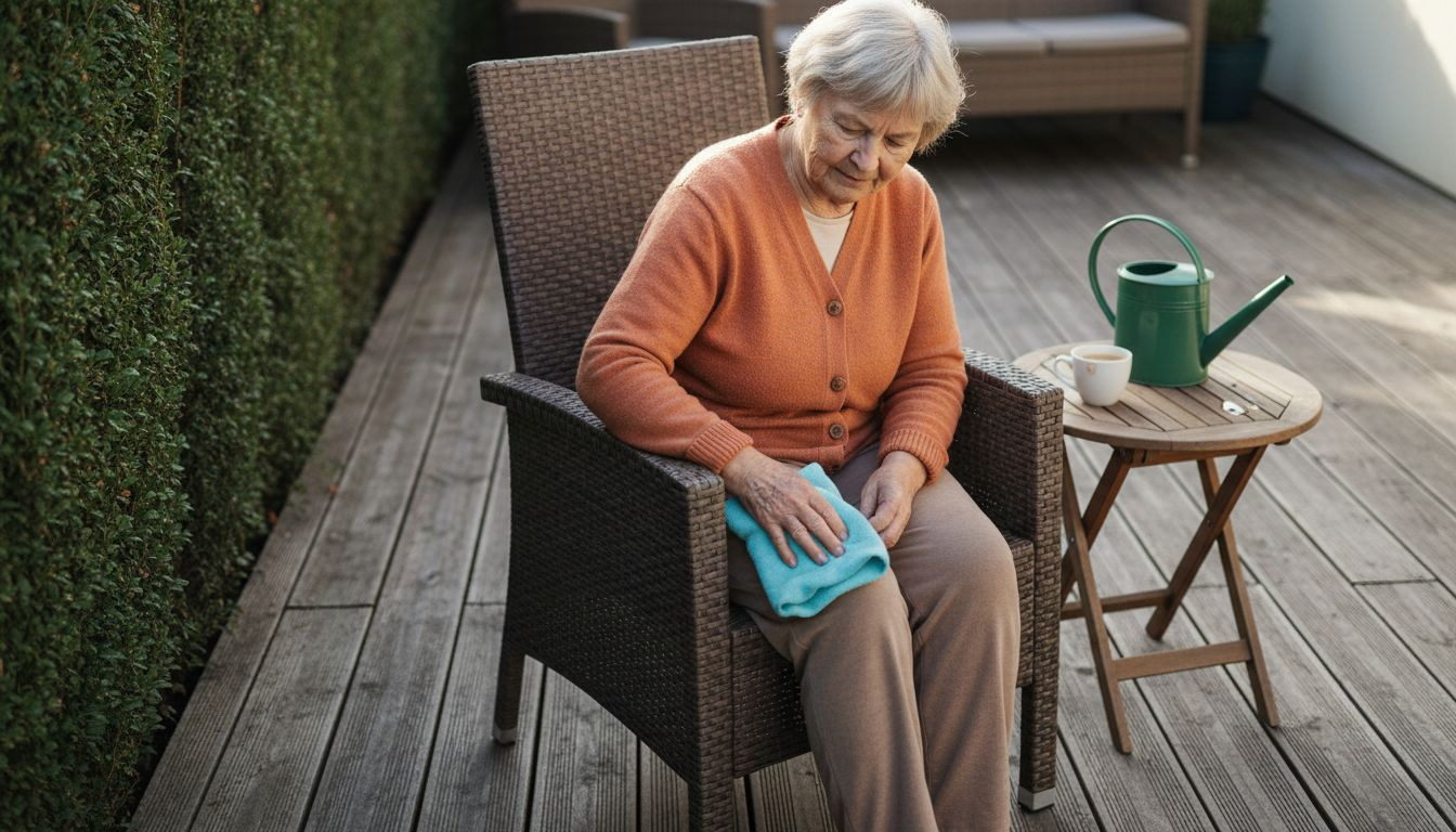 Eine ältere Dame bringt auf ihrer Terrasse die Gartenmöbel auf Vordermann.