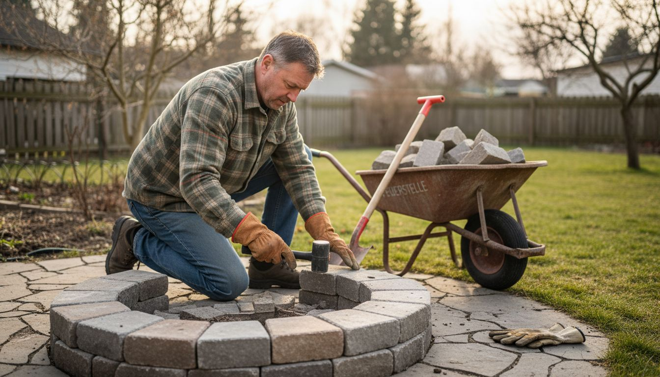 Ein Mann legt in seinem Garten eine Feuerstelle aus Steinen an.