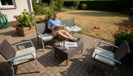Ein Mann genießt entspannt den Tag auf pflegeleichten Gartenmöbeln.