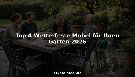 Eine moderne Runde genießt das Beisammensein auf wetterfesten Gartenmöbeln.