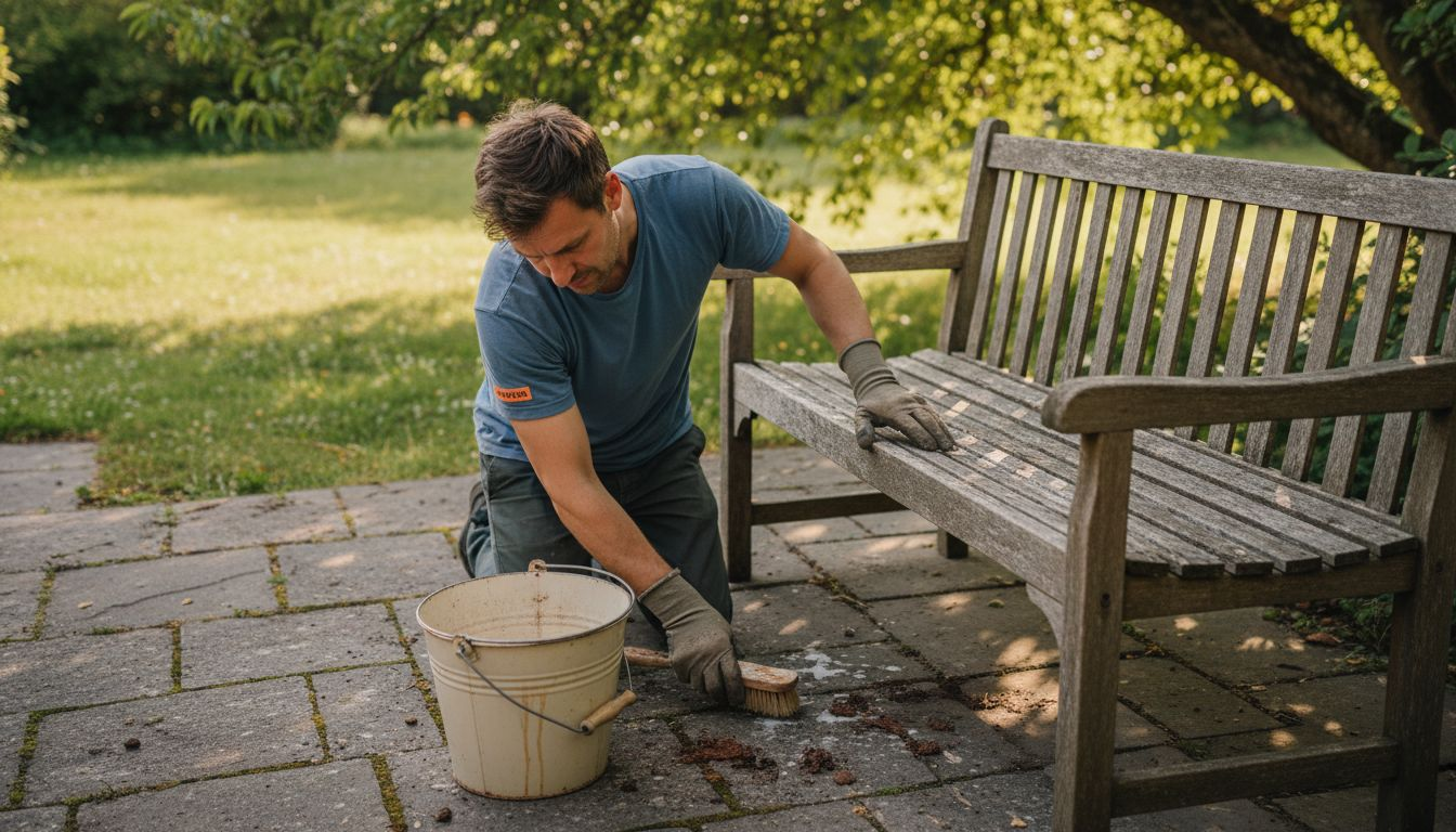 So reinigen Sie Ihre Holzbank auf der Terrasse richtig