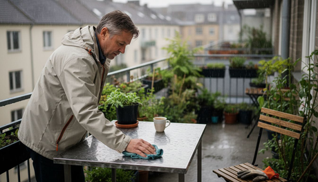 Ein Mann kümmert sich darum, dass die feuchten Gartenmöbel aus Edelstahl gepflegt werden.