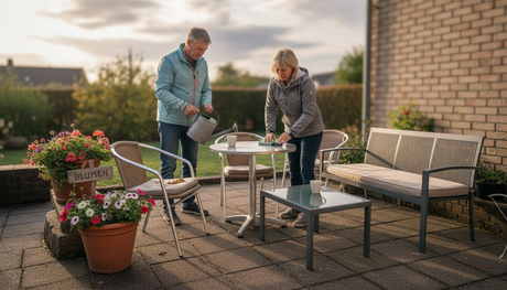 Mehrere Personen stellen Metallmöbel auf der Terrasse im Garten zusammen und richten sie gemütlich her.