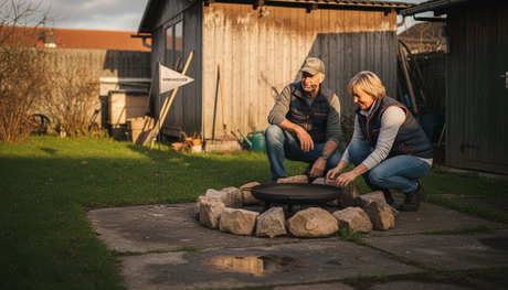 Ein Paar richtet sich eine sichere Feuerstelle im Garten ein.