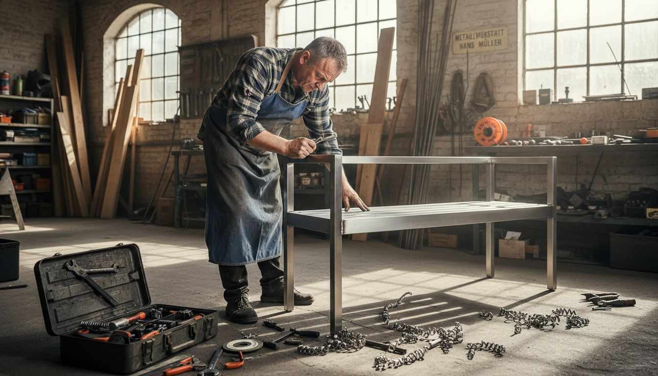 Ein Handwerker begutachtet sorgfältig eine Metall-Gartenbank, um sicherzustellen, dass Verarbeitung und Qualität stimmen.