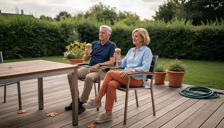 Ein Paar sitzt entspannt auf modernen Gartenmöbeln aus Edelstahl und genießt gemeinsam eine Tasse Kaffee auf der Terrasse.