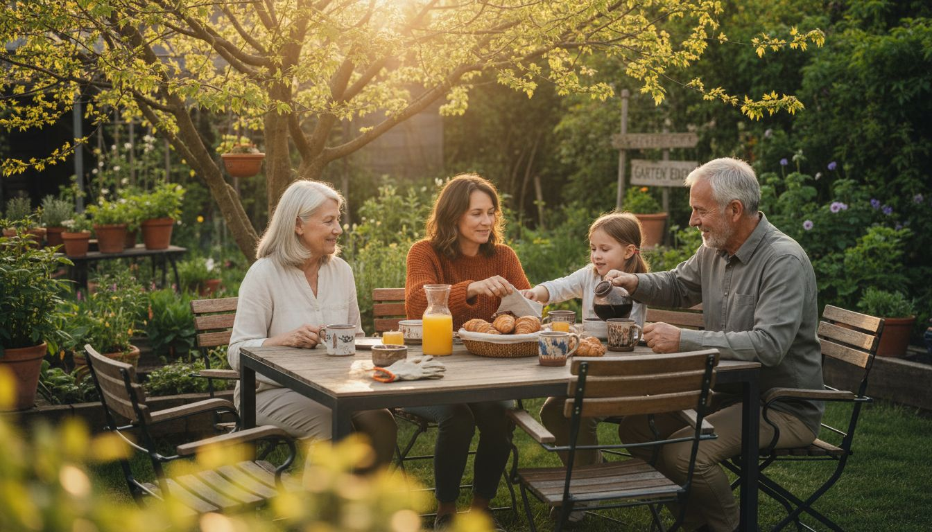Eine Familie genießt gemeinsam ein gemütliches Frühstück im Garten.