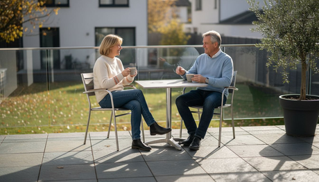 Ein Paar entspannt sich auf der modernen Terrasse und genießt die hochwertigen Möbel aus Edelstahl.