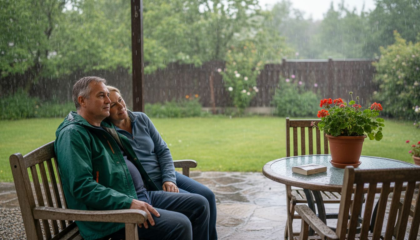 Ein Paar sitzt im Regen auf Gartenmöbeln und genießt den Moment trotz des schlechten Wetters.