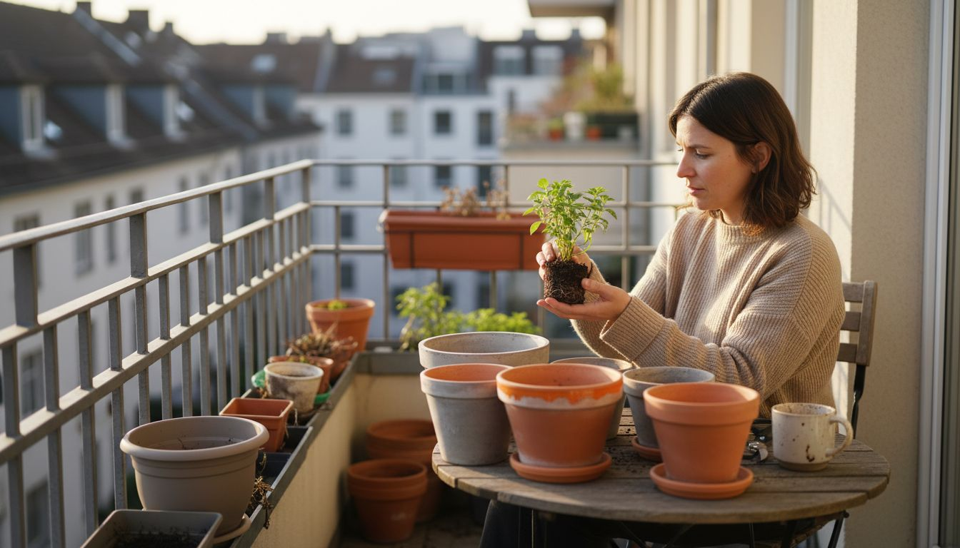 Eine Frau inspiziert ihre Pflanzkübel auf dem Balkon mitten in der Stadt.