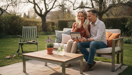 Ein Paar genießt entspannte Stunden auf stilvollen Gartenmöbeln.