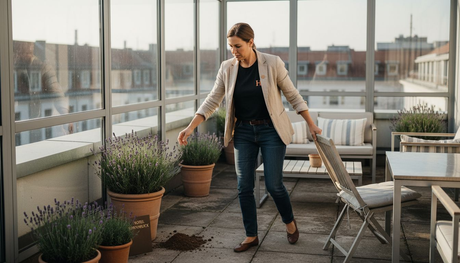 Der Hoteldirektor sorgt dafür, dass die Möbel auf der Terrasse ordentlich arrangiert sind.