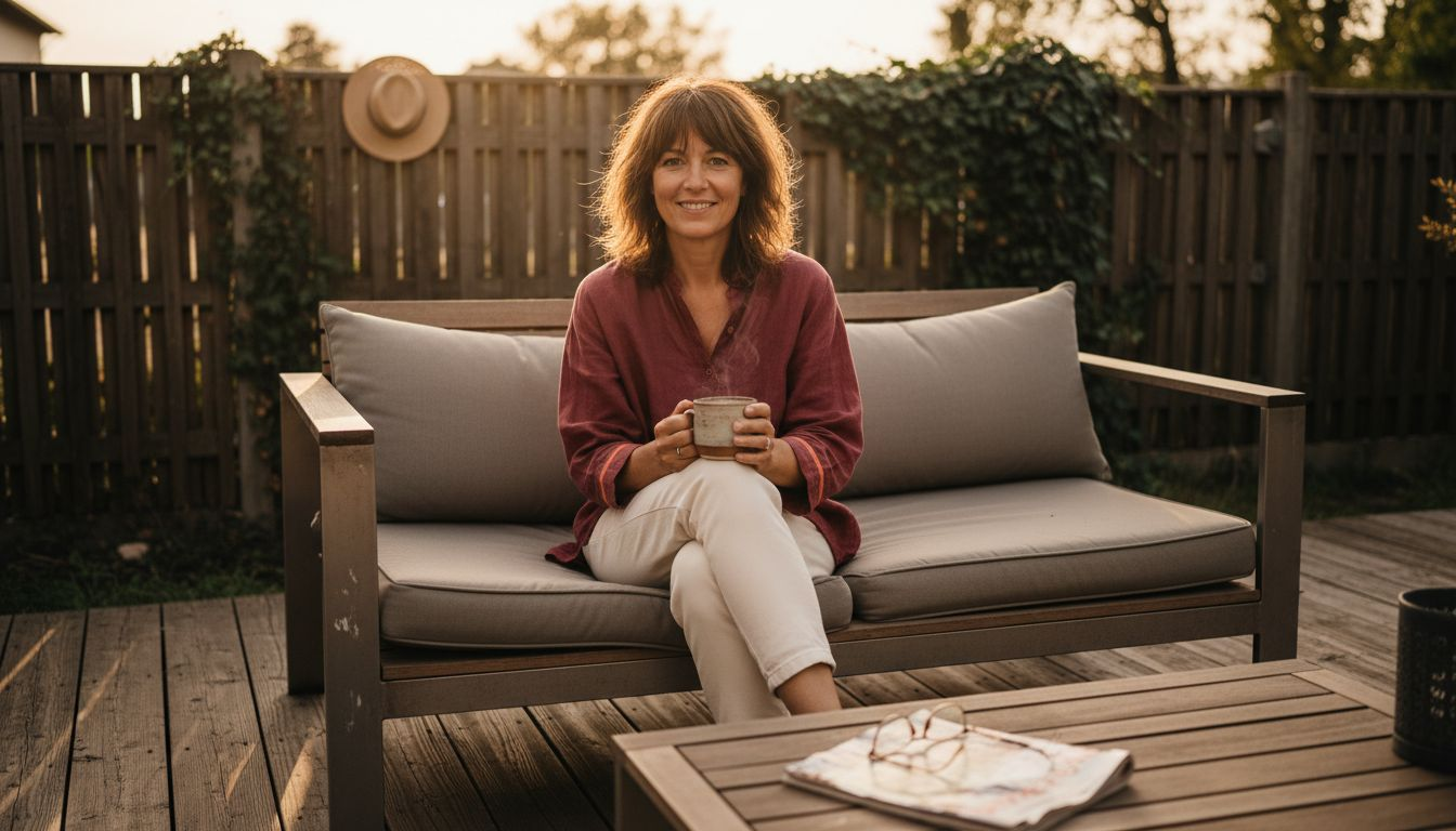 Eine Frau entspannt sich auf ihrer Terrasse und freut sich über die hochwertigen, langlebigen Gartenmöbel.