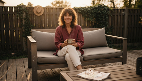Eine Frau entspannt sich auf ihrer Terrasse und freut sich über die hochwertigen, langlebigen Gartenmöbel.