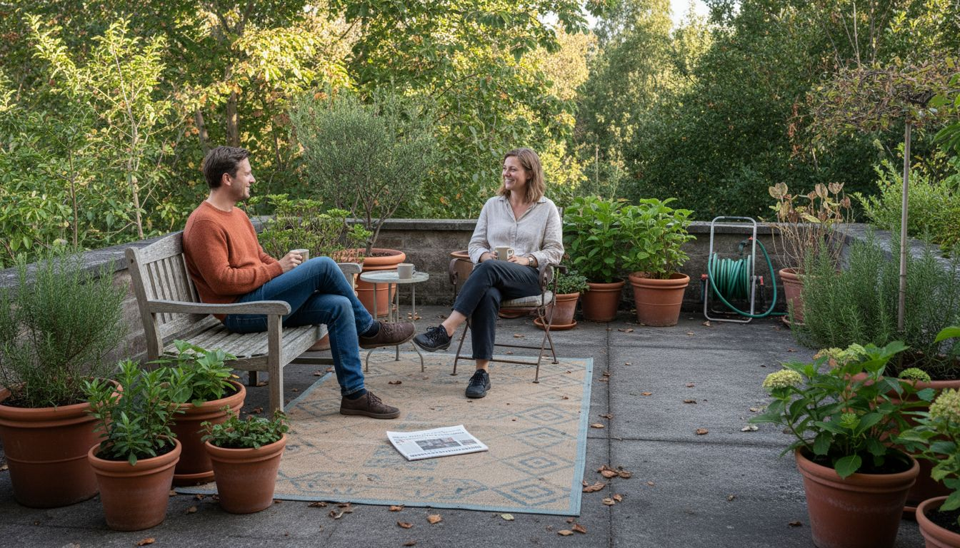 Zwei Erwachsene genießen die Zeit draußen – einer sitzt auf der Gartenbank, der andere macht es sich im Terrassenstuhl bequem.