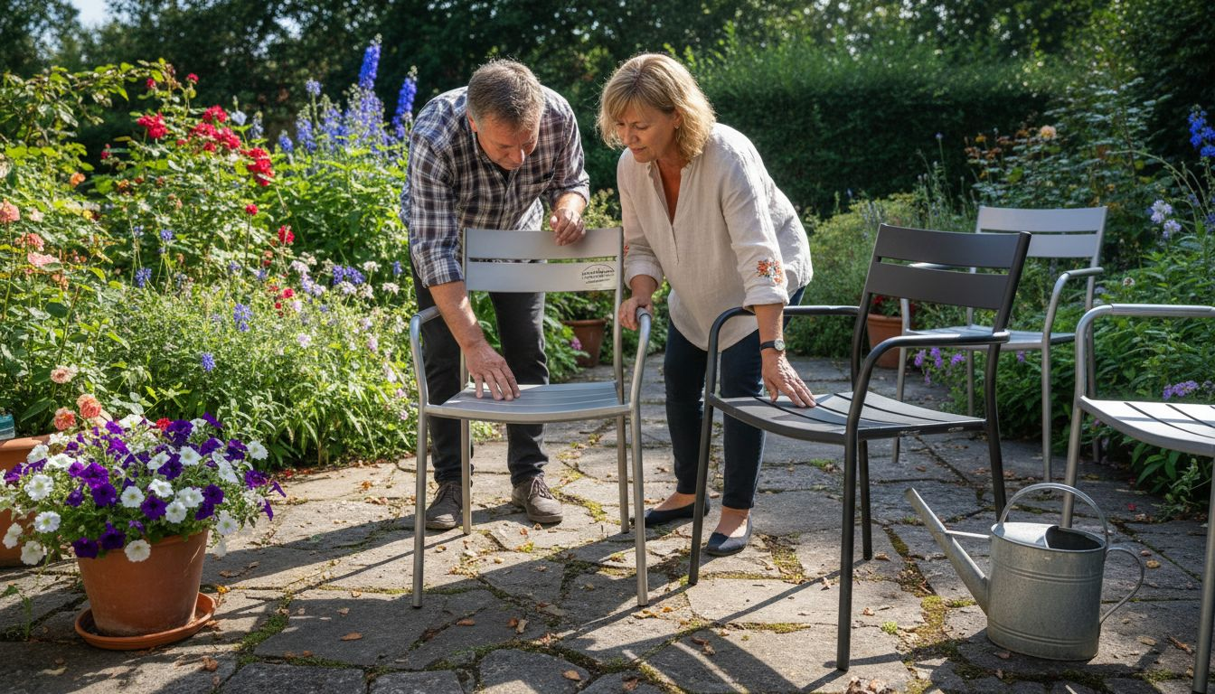 Ein Paar begutachtet gemeinsam hochwertige Gartenmöbel und achtet dabei besonders auf Verarbeitung und Material.