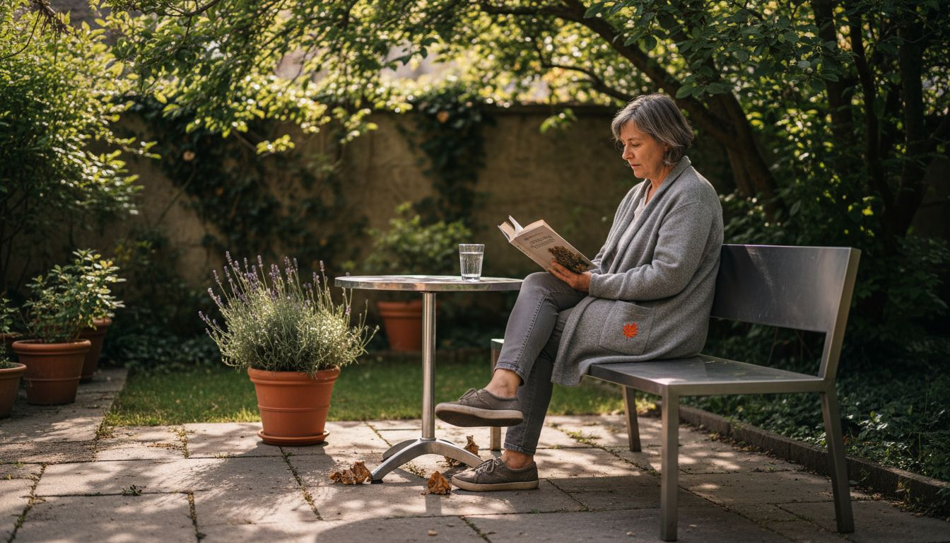Eine Frau sitzt entspannt auf einer Bank aus Edelstahl auf der Terrasse und vertieft sich in ein Buch.