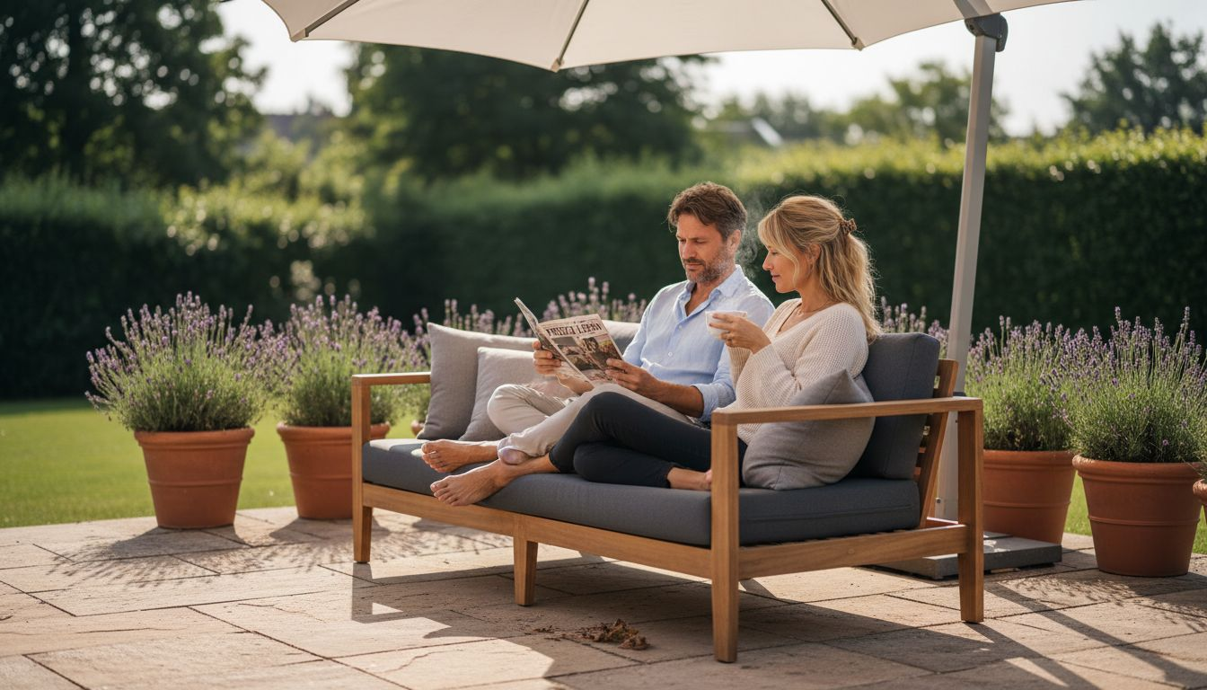 Ein Paar genießt entspannte Stunden auf stilvollen Gartenmöbeln.