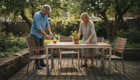 Ein Paar stellt gemeinsam moderne Gartenmöbel auf der Terrasse auf.