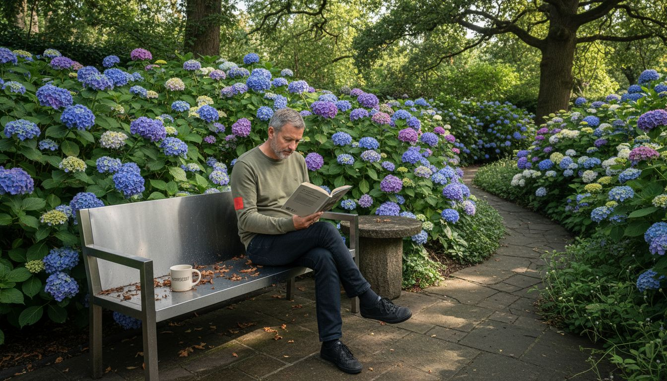 Eine elegante Gartenbank aus Edelstahl lädt im üppig begrünten Garten zum Verweilen ein.