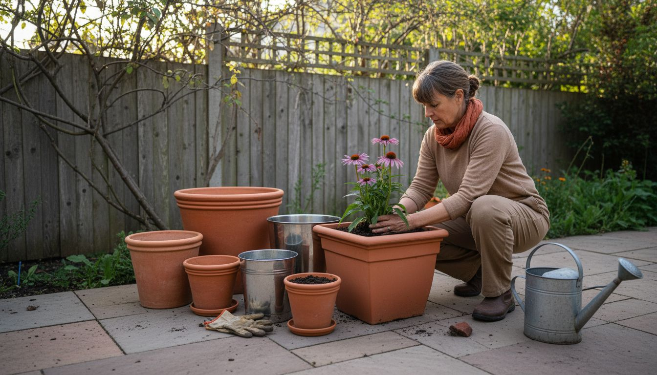 Eine Frau stellt Blumenkübel auf ihrer Terrasse neu zusammen und gestaltet so ihren Gartenbereich um.