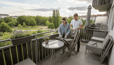 Ein Paar richtet auf dem Balkon gemeinsam ihre modularen Gartenmöbel ein.