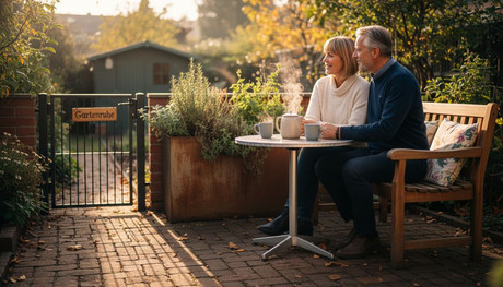 Ein Paar genießt entspannte Stunden auf einer wetterfesten Gartenbank.