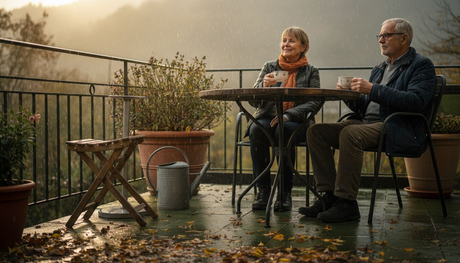 Ein Paar genießt trotz Regen die Zeit auf der Terrasse und macht es sich auf den Gartenmöbeln gemütlich.