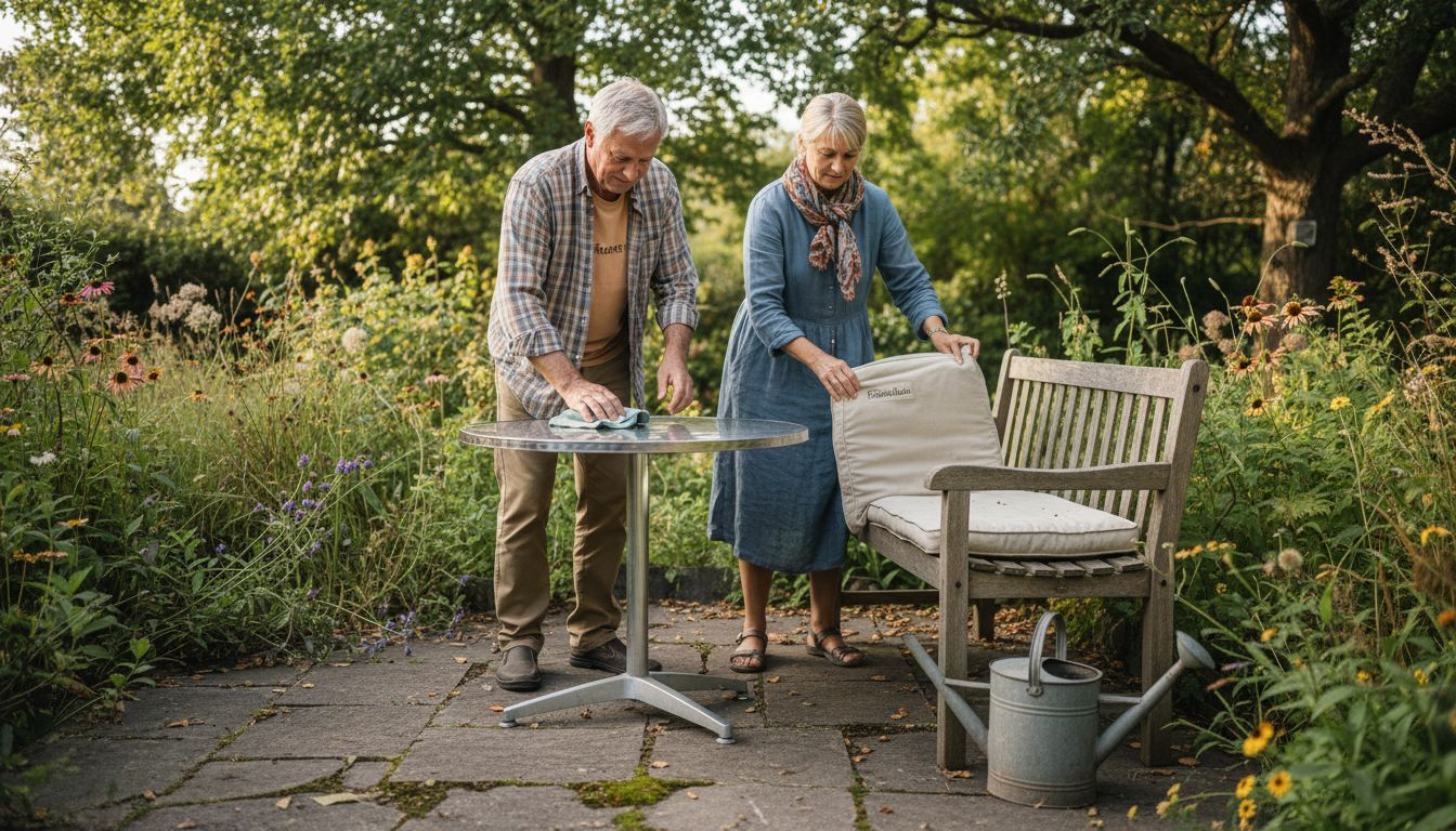 Ein Paar richtet gemeinsam nachhaltige Gartenmöbel auf der Terrasse her.