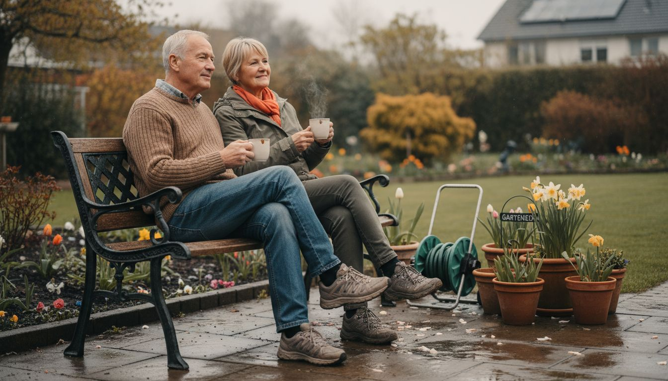 Ein Paar genießt seinen Kaffee draußen, obwohl die Gartenmöbel noch vom Regen nass sind.