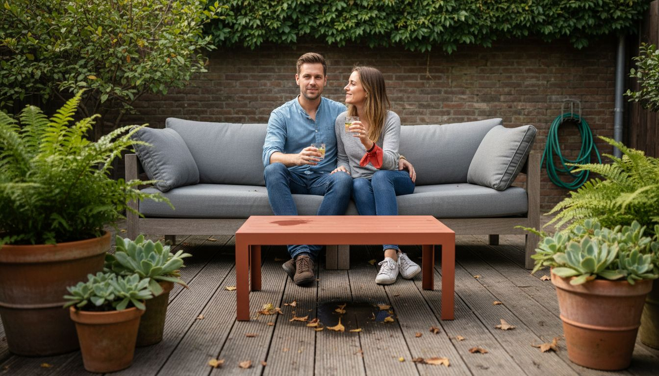 Ein Paar genießt gemeinsam die Zeit im Freien und nutzt dabei einen modernen Beistelltisch auf der Terrasse.