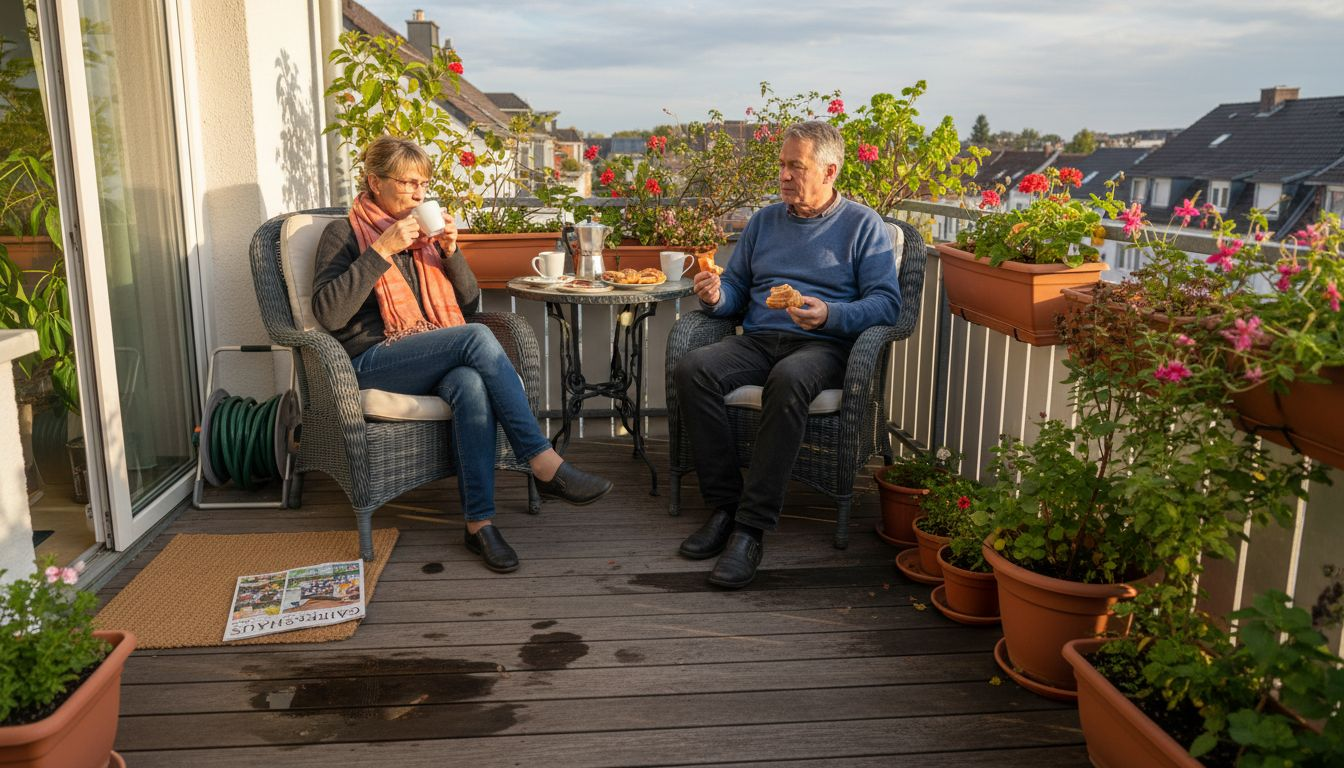 Ein Paar genießt die Zeit im Garten und macht es sich auf wetterfesten Gartenmöbeln gemütlich.
