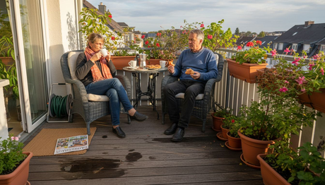 Ein Paar genießt die Zeit im Garten und macht es sich auf wetterfesten Gartenmöbeln gemütlich.