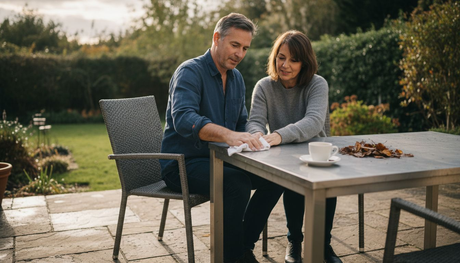 Ein Paar sorgt dafür, dass ihre wetterfesten Gartenmöbel stets gepflegt und in gutem Zustand bleiben.