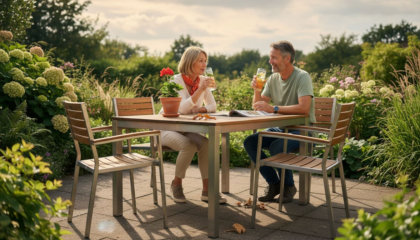 Moderne Gartenstühle laden auf der sonnigen Terrasse zum Entspannen ein.