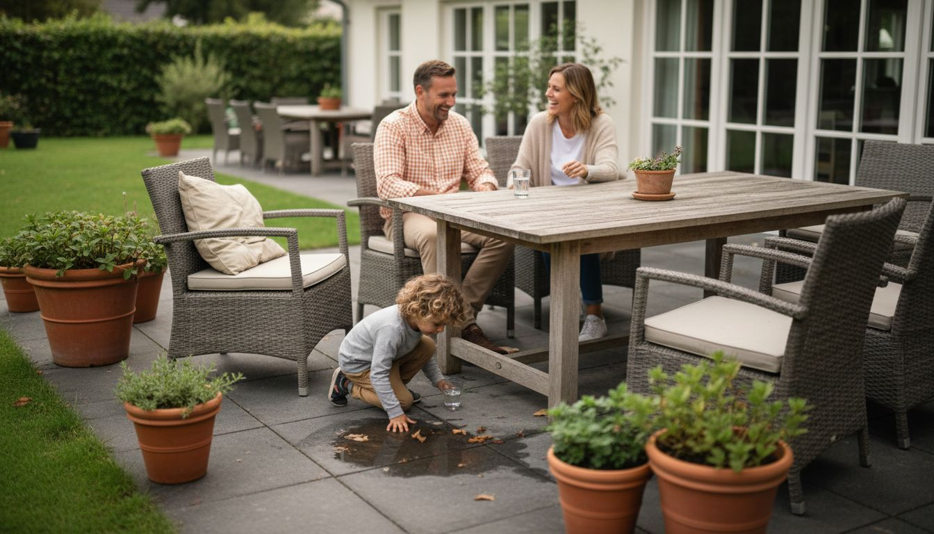 Nachdem der Regen aufgehört hat, genießt die Familie gemeinsam Zeit auf ihren wetterfesten Gartenmöbeln im Freien.