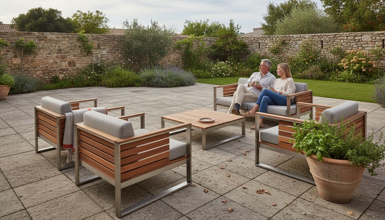 Ein Paar genießt entspannte Stunden auf einer stilvoll zeitlosen Terrasse mit hochwertigen Outdoor-Möbeln.