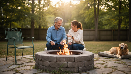 Ein Paar genießt einen entspannten Abend am knisternden Feuer im eigenen Garten.