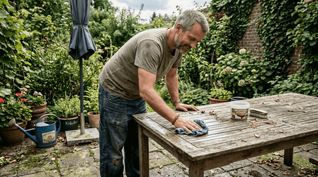 Die Gartenmöbel auf der Terrasse werden gründlich sauber gemacht.