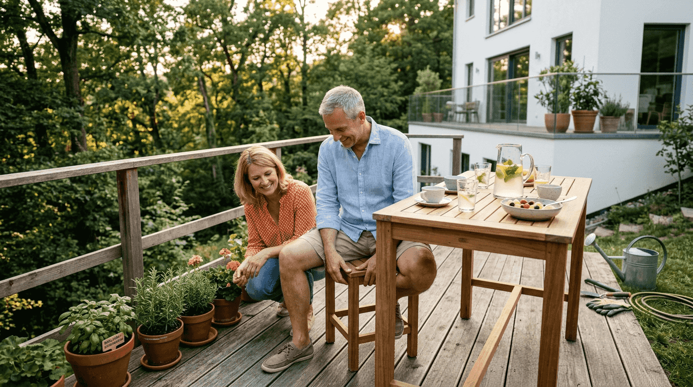 Ein Paar entspannt sich auf der Holzterrasse und genießt stilvolle Outdoor-Möbel.