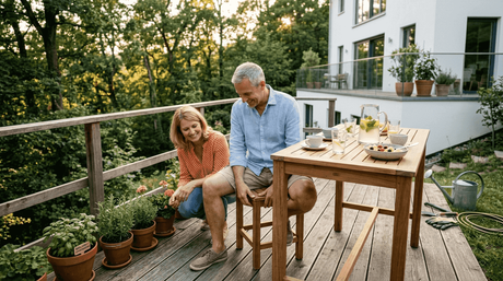 Ein Paar entspannt sich auf der Holzterrasse und genießt stilvolle Outdoor-Möbel.