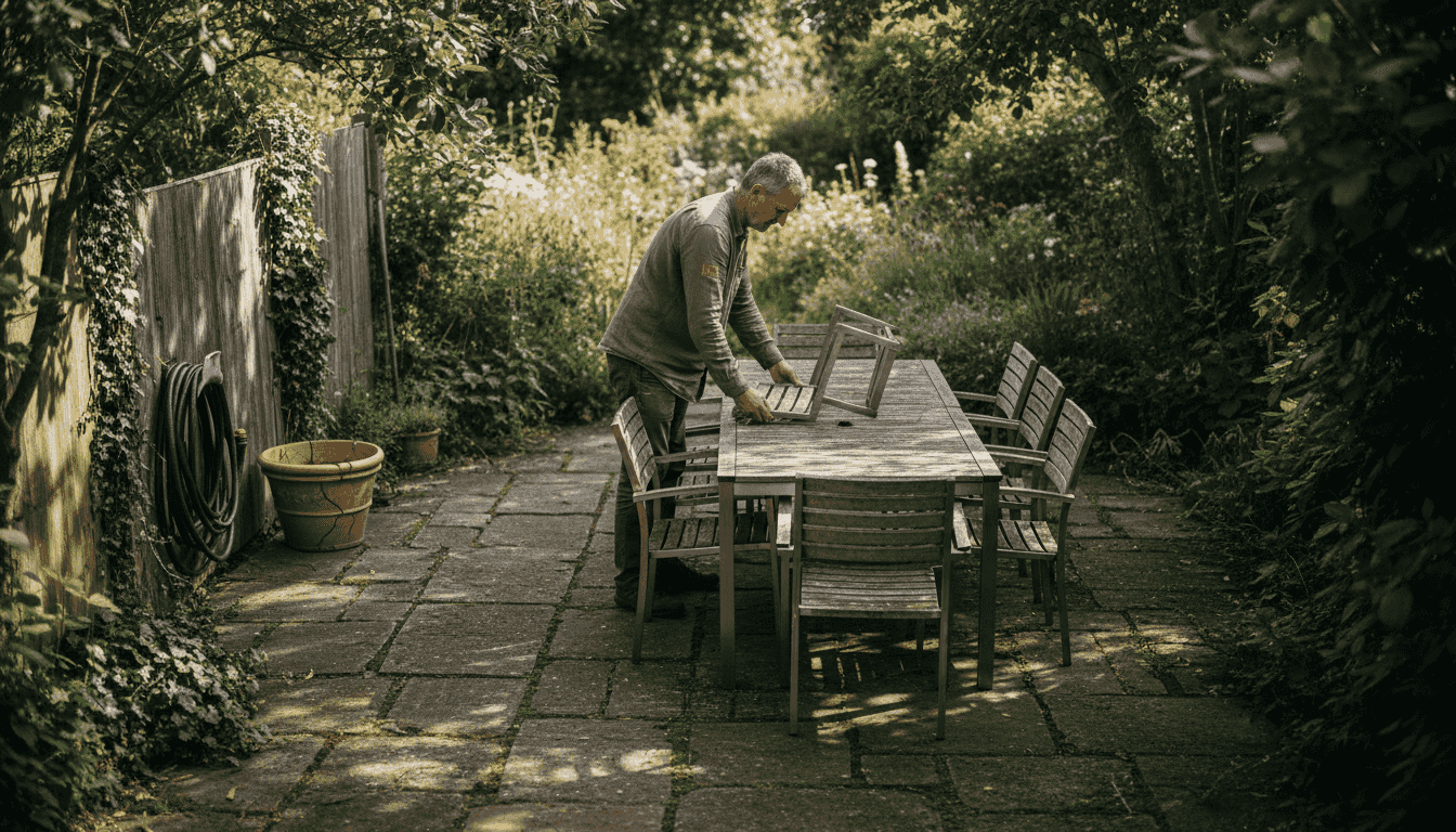 Ein Mann stellt stabile Gartenstühle auf der Terrasse auf.