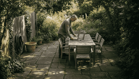 Ein Mann stellt stabile Gartenstühle auf der Terrasse auf.