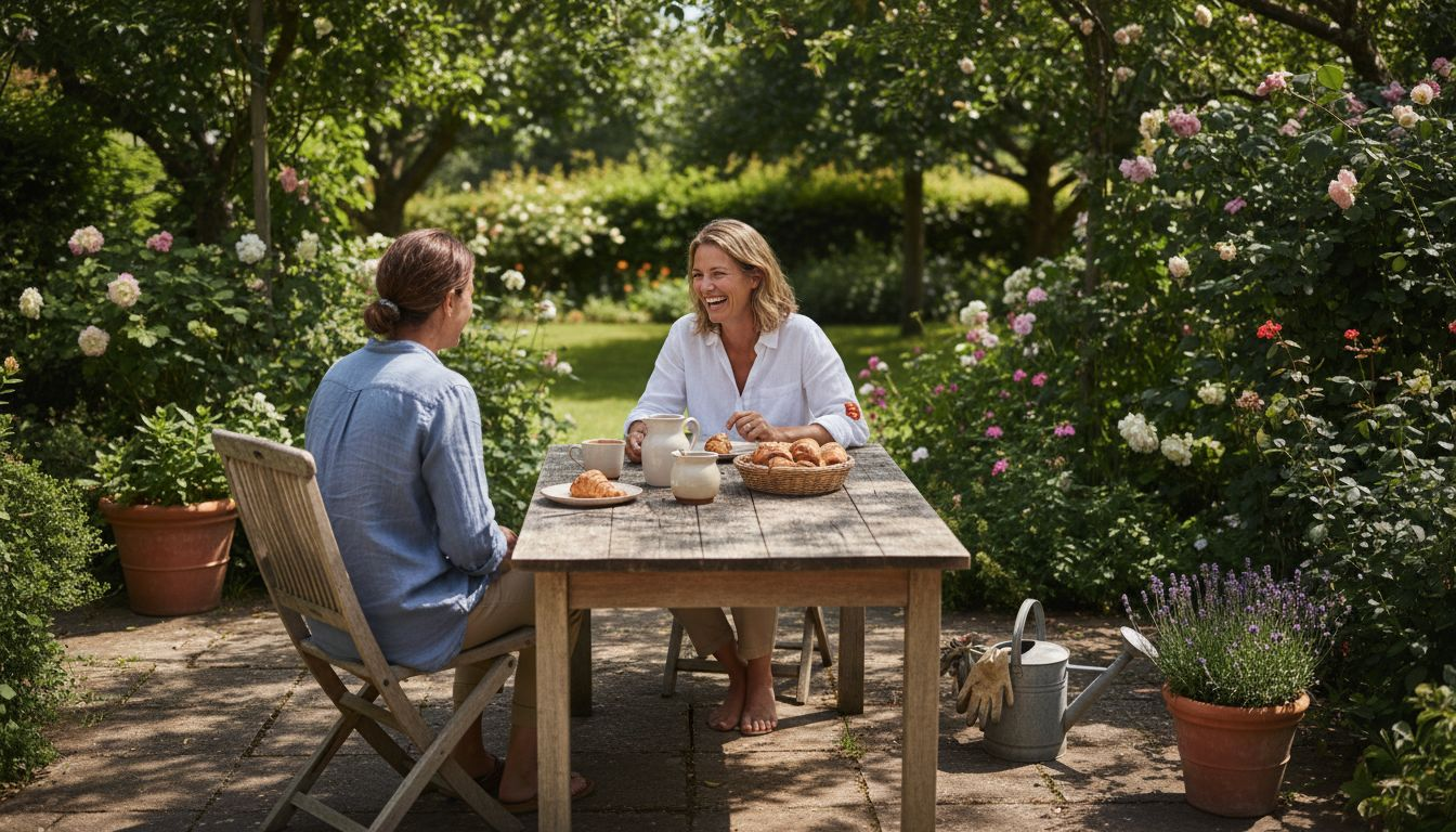 Ein Paar genießt entspannte Stunden auf hochwertigen Gartenmöbeln aus robuster Robinie.
