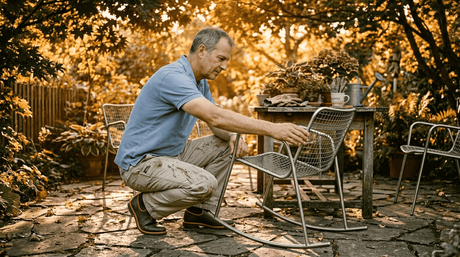 Ein Mann prüft, wie stabil der Gartenstuhl aus Edelstahl ist.
