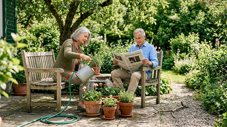 Nachhaltige Gartenmöbel aus FSC-zertifiziertem Holz laden zum Entspannen auf der sonnigen Terrasse ein.