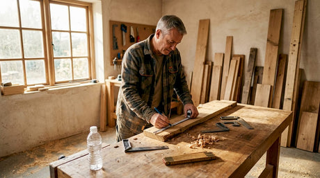 In seiner Werkstatt nimmt ein Mann Maß an einer Holzdiele, um daraus einen Terrassentisch zu bauen.