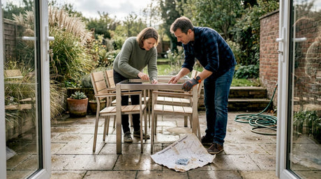 Ein Paar baut gemeinsam auf der Terrasse moderne Gartenmöbel zusammen.