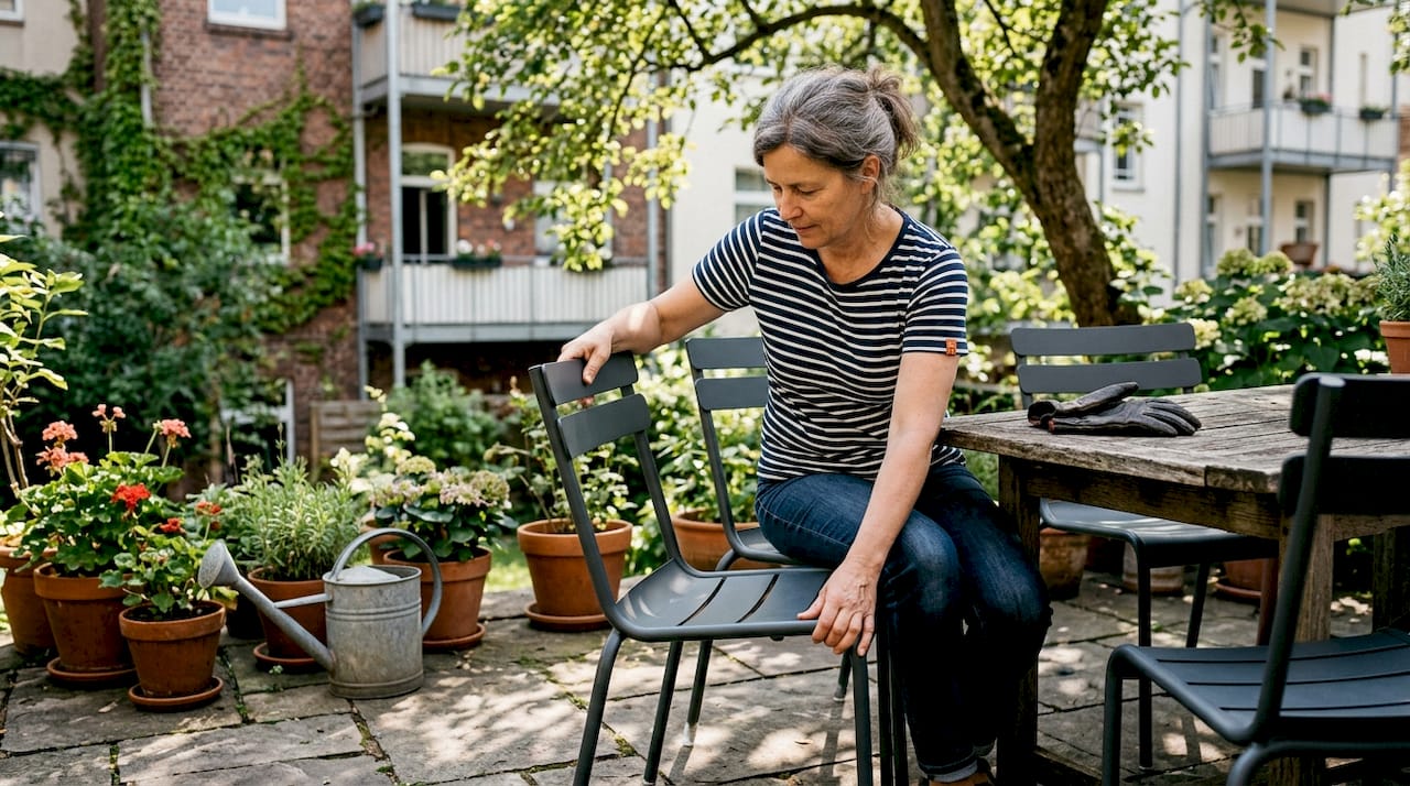 Eine Frau richtet die Gartenmöbel auf der Terrasse ordentlich her.