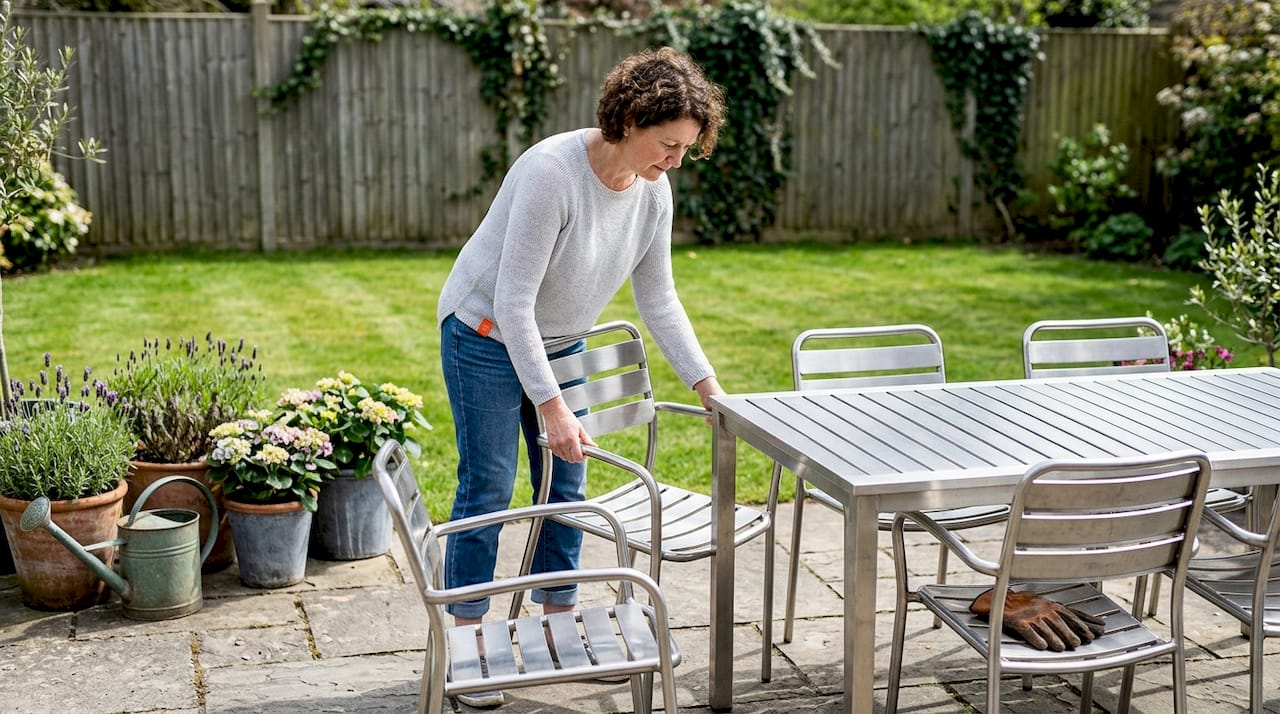 Eine Frau arrangiert ihre Gartenmöbel aus Edelstahl auf der Terrasse.